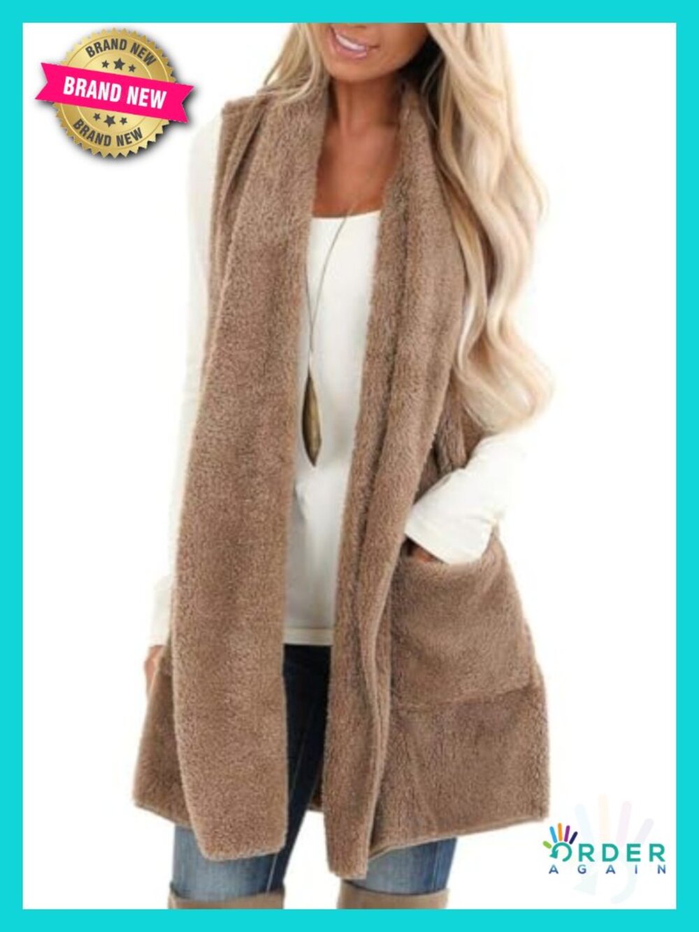 Sleeveless Sherpa Vest with Pockets Lapel Open Front Fleece Cardigan Jacket